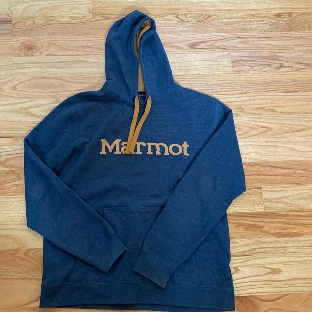 Marmot Women’s Graphic Hoody Sweatshirt outdoors Hiking Camping Warm Blue/Gold L